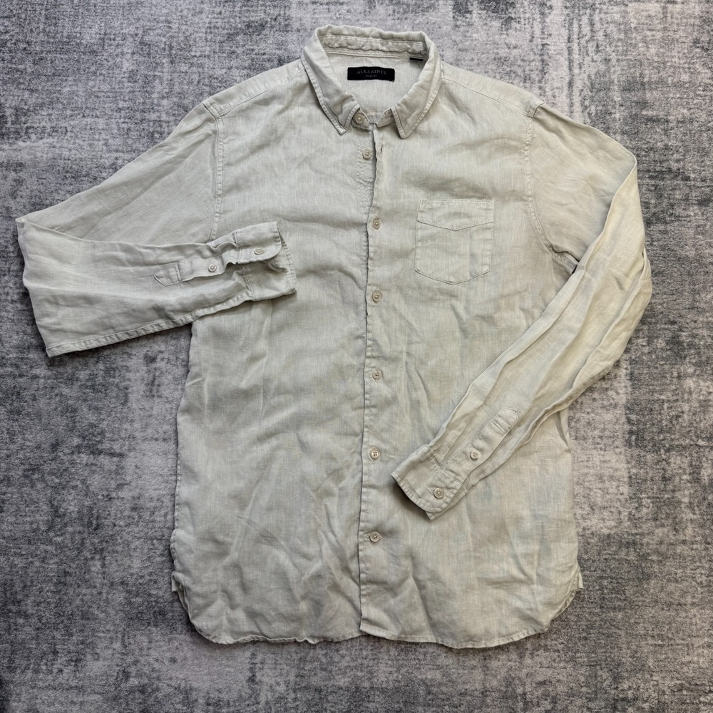 Allsaints Gilles Linen Shirt Mens Medium Beige Lightweight Quiet Luxury Coastal - Picture 2 of 12